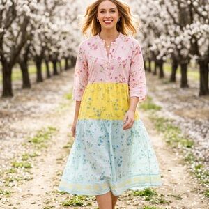 Mary Marshmallow Block Color Flowered Tiered Dress Size L/XL $198